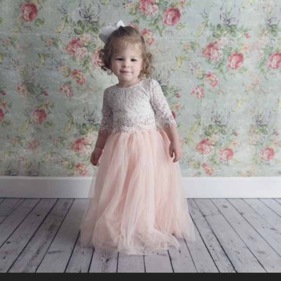 Two Piece Crochet Lace Flower Girl Top, Blush Pink Tulle Princess Tutu Skirt - Picture 1 of 11